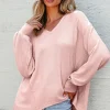 Online Dear-Lover Waffle V Neck Long Sleeve Drop Shoulder Loose Blouse Light Pink