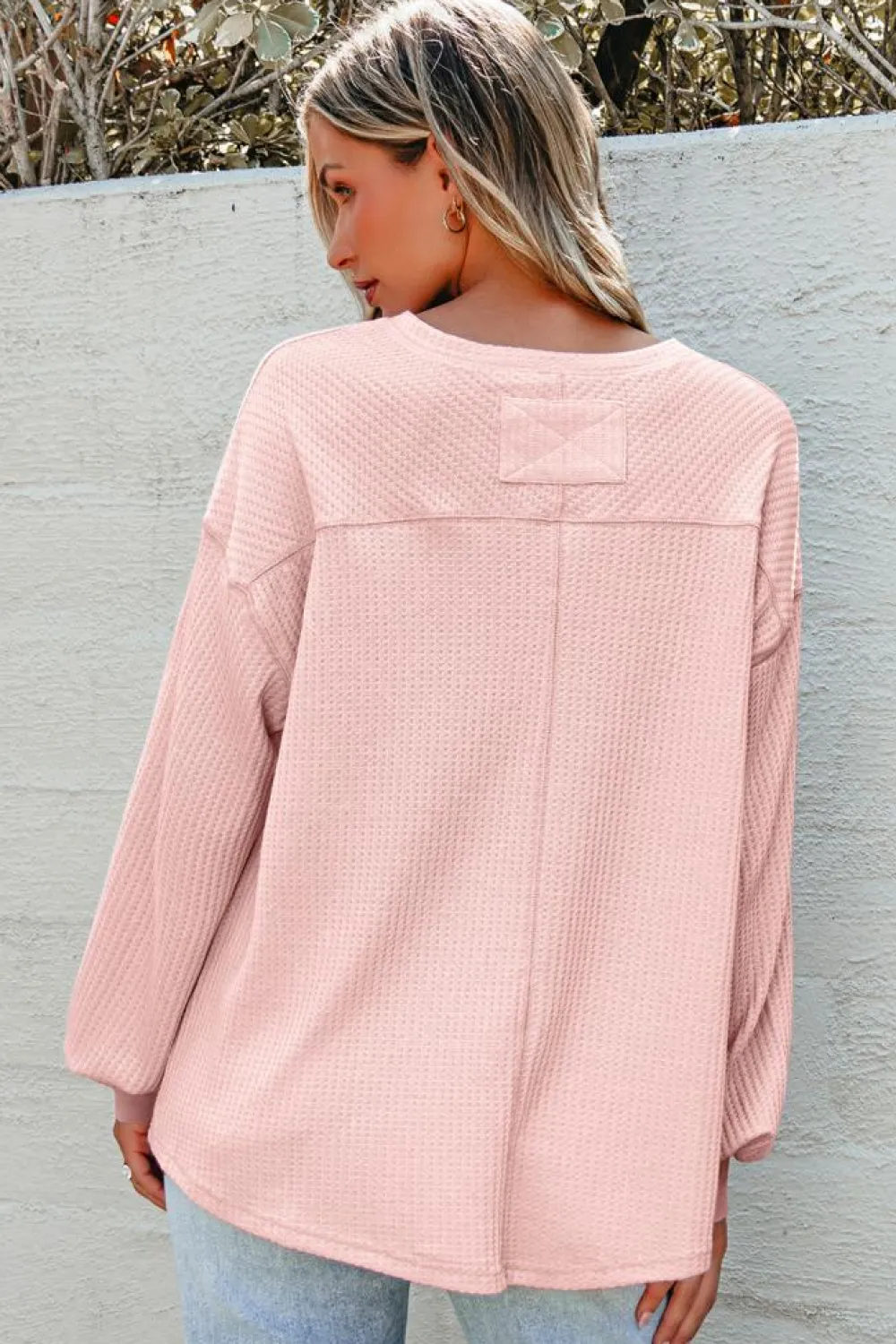 Online Dear-Lover Waffle V Neck Long Sleeve Drop Shoulder Loose Blouse Light Pink
