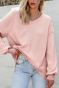 Online Dear-Lover Waffle V Neck Long Sleeve Drop Shoulder Loose Blouse Light Pink