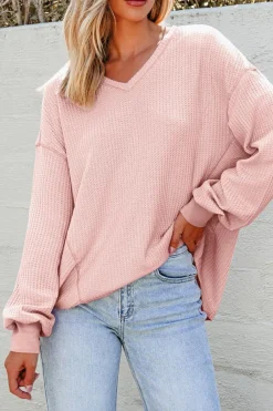 Online Dear-Lover Waffle V Neck Long Sleeve Drop Shoulder Loose Blouse Light Pink
