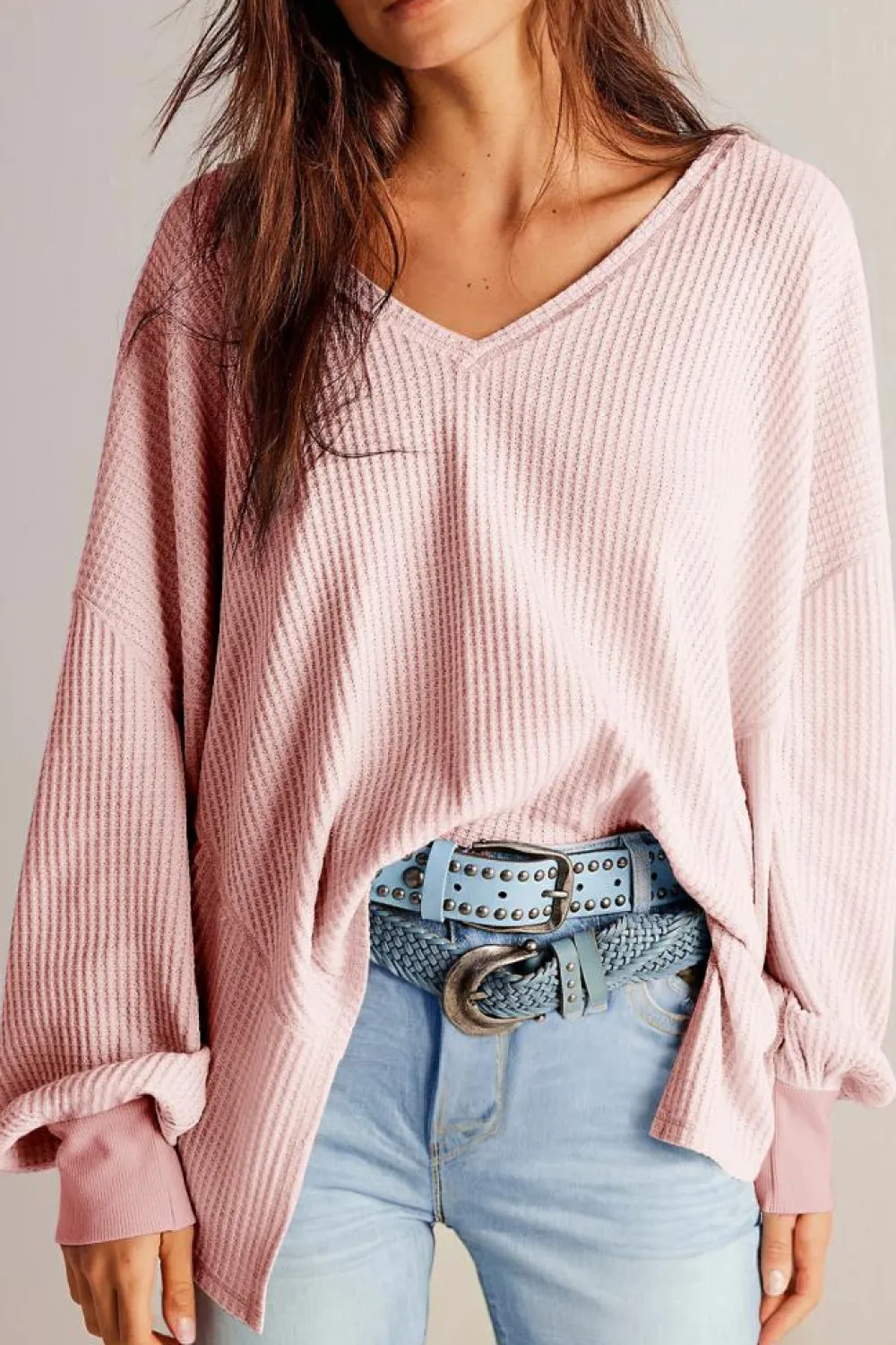 Online Dear-Lover Waffle V Neck Long Sleeve Drop Shoulder Loose Blouse Light Pink