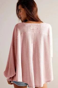 Online Dear-Lover Waffle V Neck Long Sleeve Drop Shoulder Loose Blouse Light Pink
