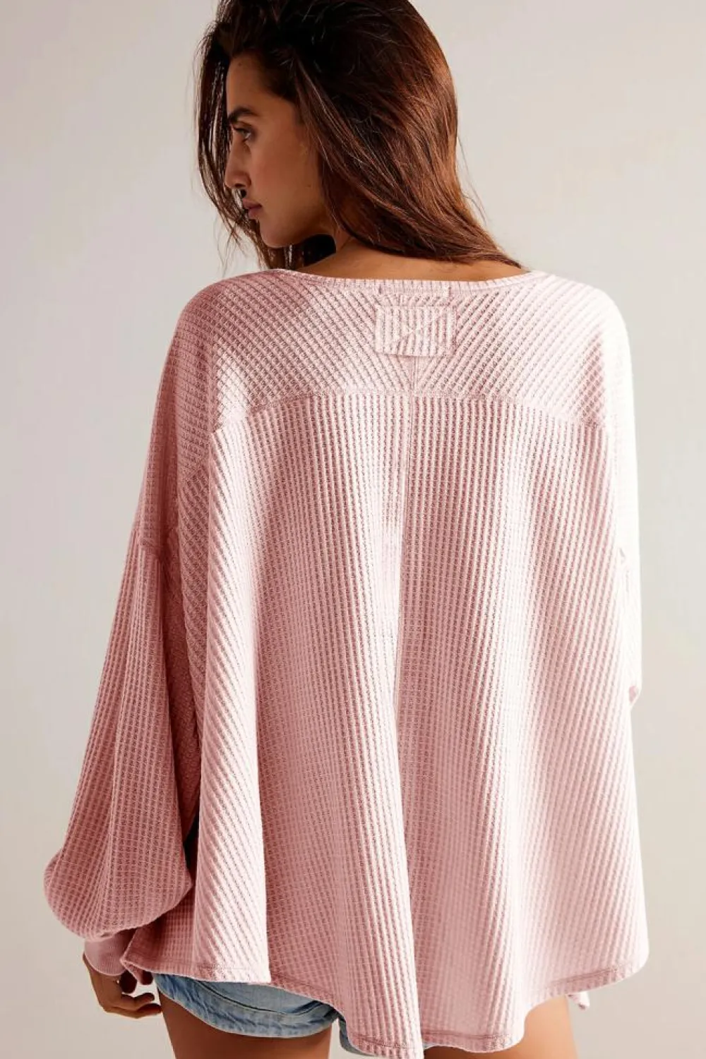 Online Dear-Lover Waffle V Neck Long Sleeve Drop Shoulder Loose Blouse Light Pink