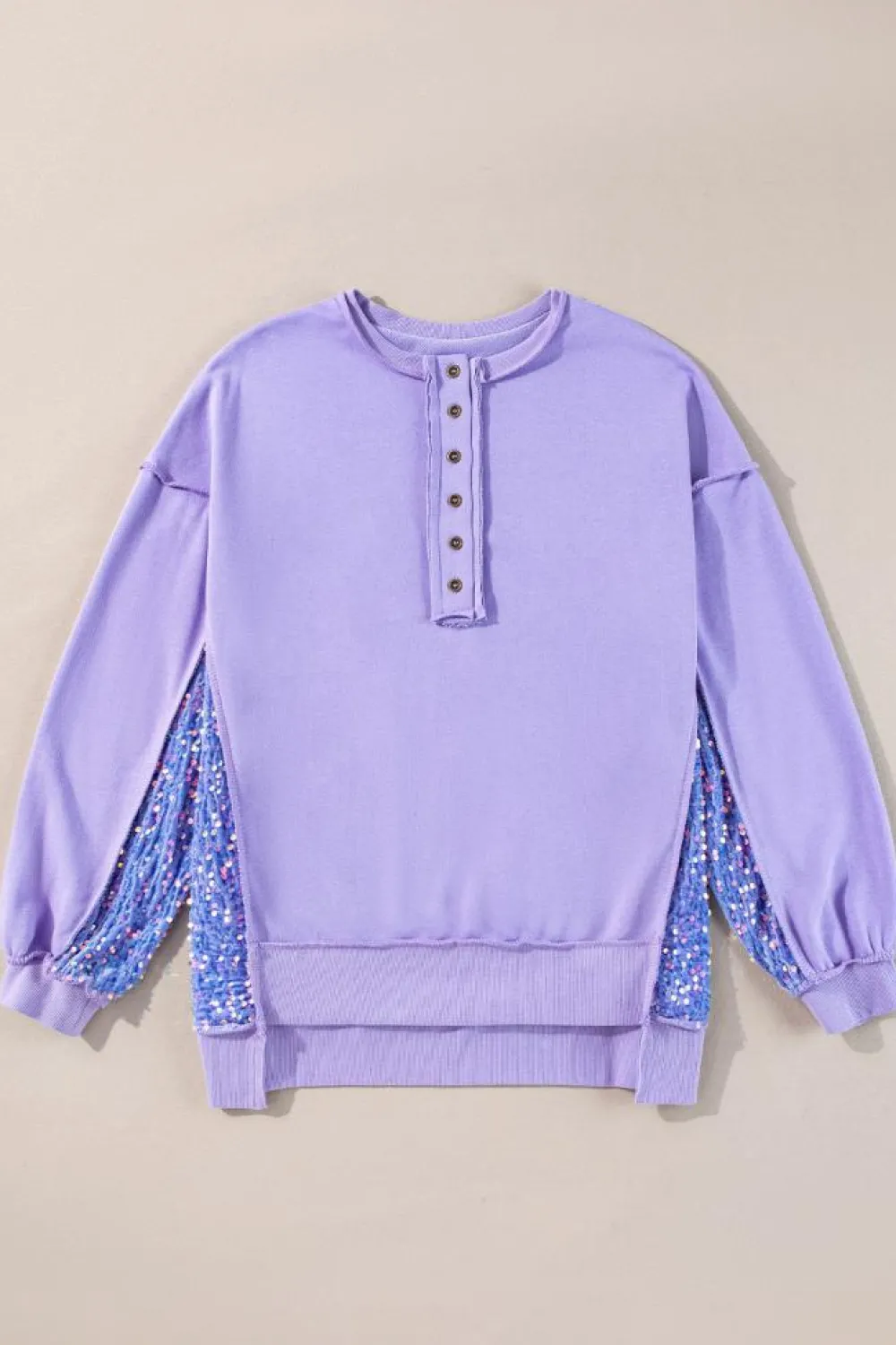 Online Dear-Lover Sequin Patchwork High Low Hem Henley Sweatshirt Lilac