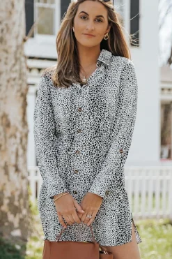 Outlet Dear-Lover Long Sleeve Animal Print Shirt Dress Leopard