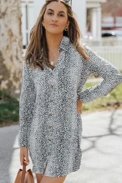 Outlet Dear-Lover Long Sleeve Animal Print Shirt Dress Leopard