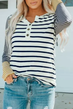 Outlet Dear-Lover Long Sleeve Button Henley Top Stripe