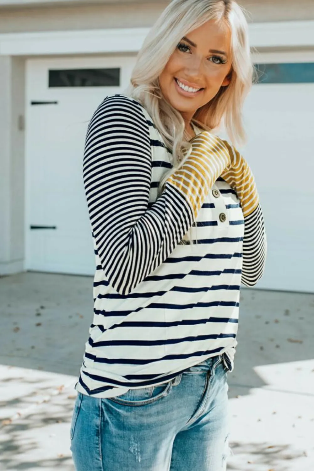 Outlet Dear-Lover Long Sleeve Button Henley Top Stripe