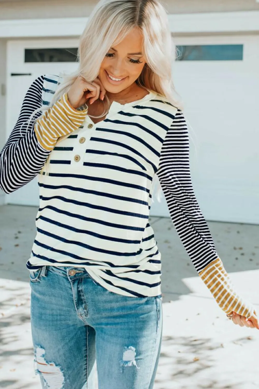 Outlet Dear-Lover Long Sleeve Button Henley Top Stripe