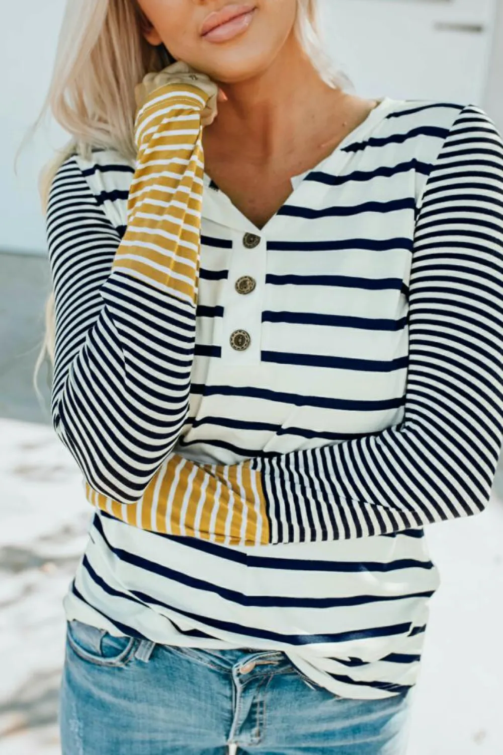 Outlet Dear-Lover Long Sleeve Button Henley Top Stripe