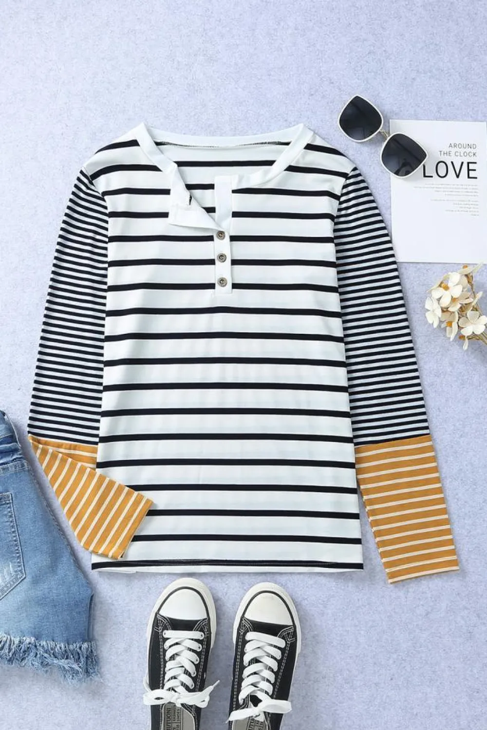 Outlet Dear-Lover Long Sleeve Button Henley Top Stripe