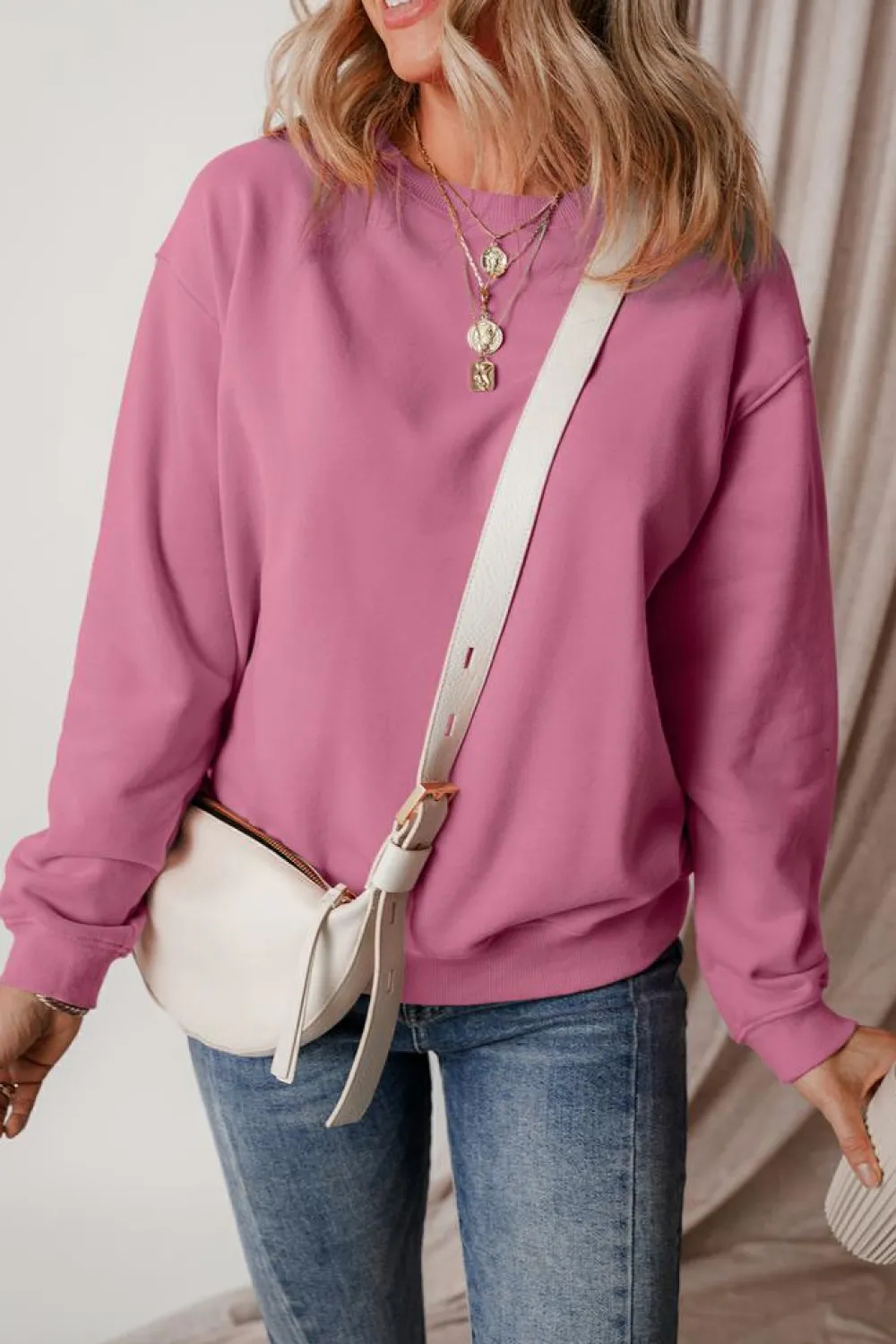 Clearance Dear-Lover Solid Fleece Lined Drop Shoulder Terry Sweatshirt Meadow Mauve