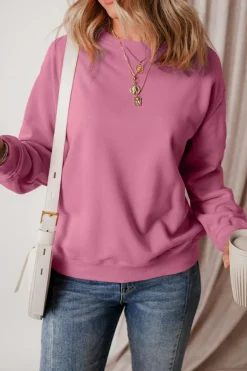 Clearance Dear-Lover Solid Fleece Lined Drop Shoulder Terry Sweatshirt Meadow Mauve