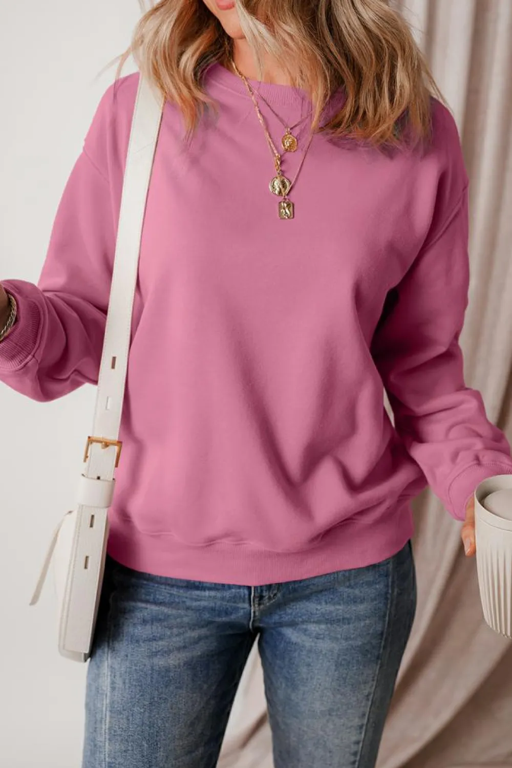 Clearance Dear-Lover Solid Fleece Lined Drop Shoulder Terry Sweatshirt Meadow Mauve