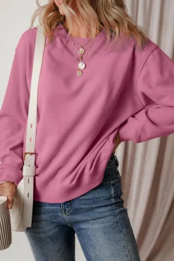 Clearance Dear-Lover Solid Fleece Lined Drop Shoulder Terry Sweatshirt Meadow Mauve