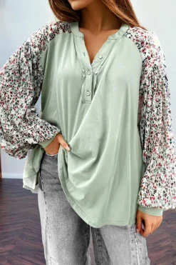 Best Dear-Lover Contrast Printed Bubble Sleeve Henley Loose Top with Slits Meadow Mist Green