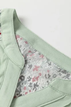 Best Dear-Lover Contrast Printed Bubble Sleeve Henley Loose Top with Slits Meadow Mist Green