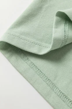 Best Dear-Lover Contrast Printed Bubble Sleeve Henley Loose Top with Slits Meadow Mist Green