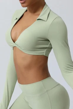 Online Dear-Lover Long Sleeve Collared Twist Neckline Cropped Gym Top Meadow Mist Green