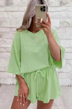 Outlet Dear-Lover Solid Loose V Neck Half Sleeve Tee and Shorts Meadow Mist Green