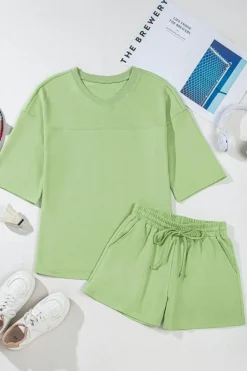 Outlet Dear-Lover Solid Loose V Neck Half Sleeve Tee and Shorts Meadow Mist Green
