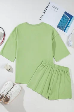 Outlet Dear-Lover Solid Loose V Neck Half Sleeve Tee and Shorts Meadow Mist Green