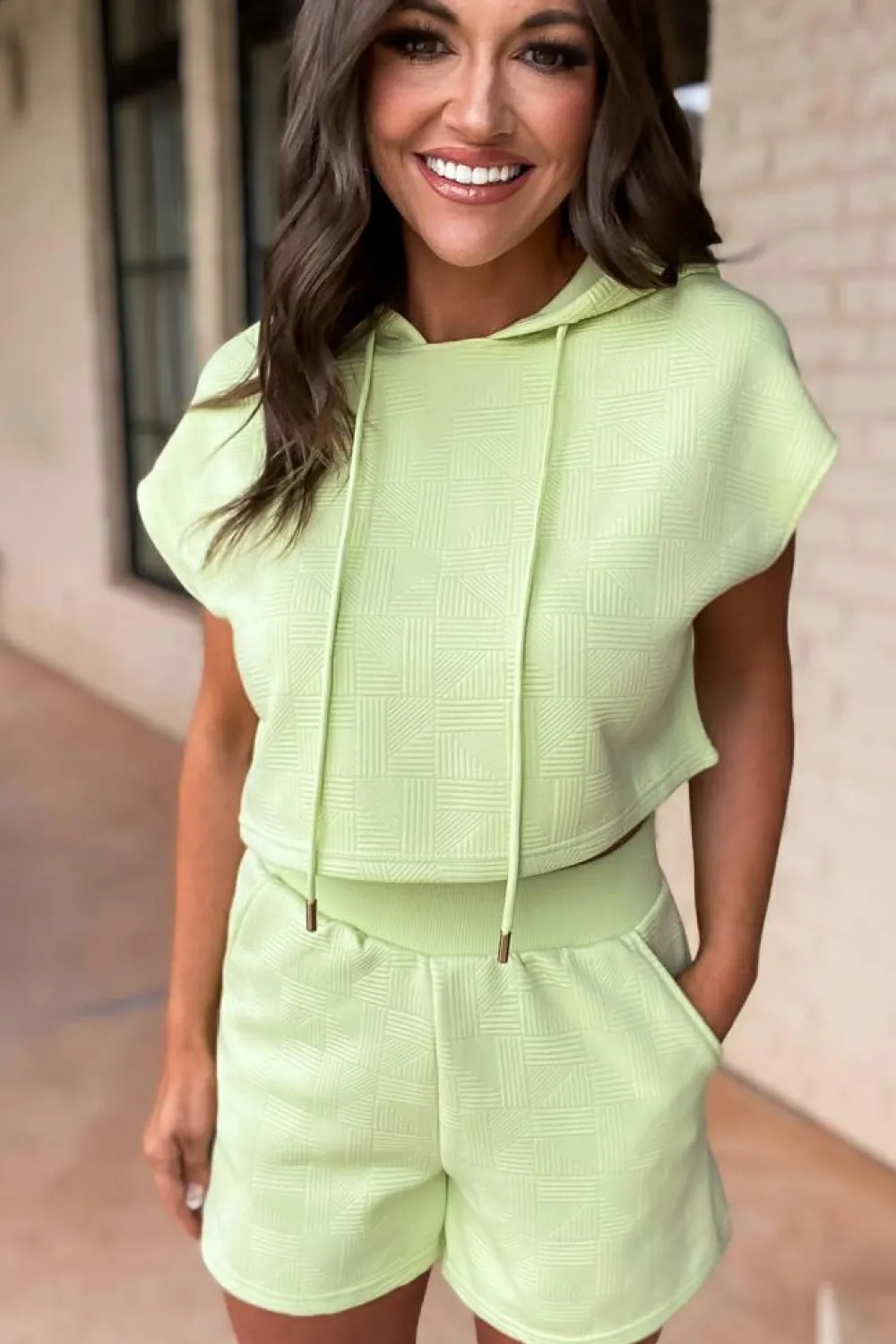 Fashion Dear-Lover Textured Cropped Hoodie and Shorts Set Meadow Mist Green