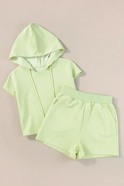 Fashion Dear-Lover Textured Cropped Hoodie and Shorts Set Meadow Mist Green