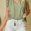 Outlet Dear-Lover V Neck Flutter Sleeve Textured Blouse Meadow Mist Green