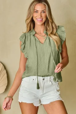 Outlet Dear-Lover V Neck Flutter Sleeve Textured Blouse Meadow Mist Green