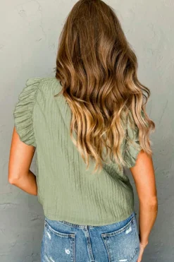 Outlet Dear-Lover V Neck Flutter Sleeve Textured Blouse Meadow Mist Green