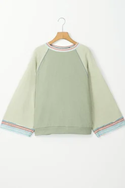 Best Dear-Lover Waffle Knit Wide Bracelet Sleeve Patchwork Raglan Top Meadow Mist Green
