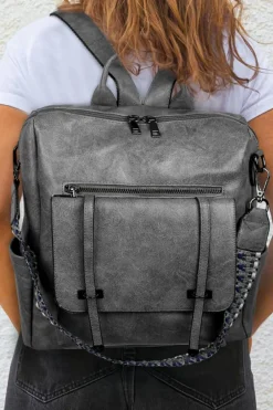 Fashion Dear-Lover Business College Retro PU Leather Backpack Medium Grey