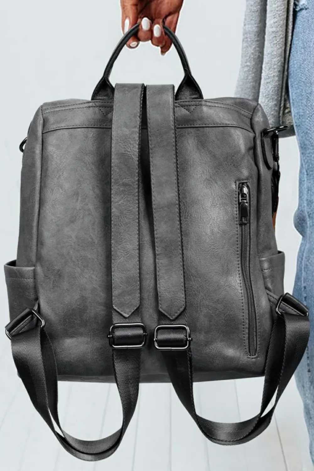Fashion Dear-Lover Business College Retro PU Leather Backpack Medium Grey