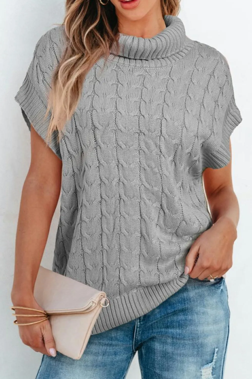 New Dear-Lover Cable Knit Turtleneck Batwing Sleeve Sweater Medium Grey