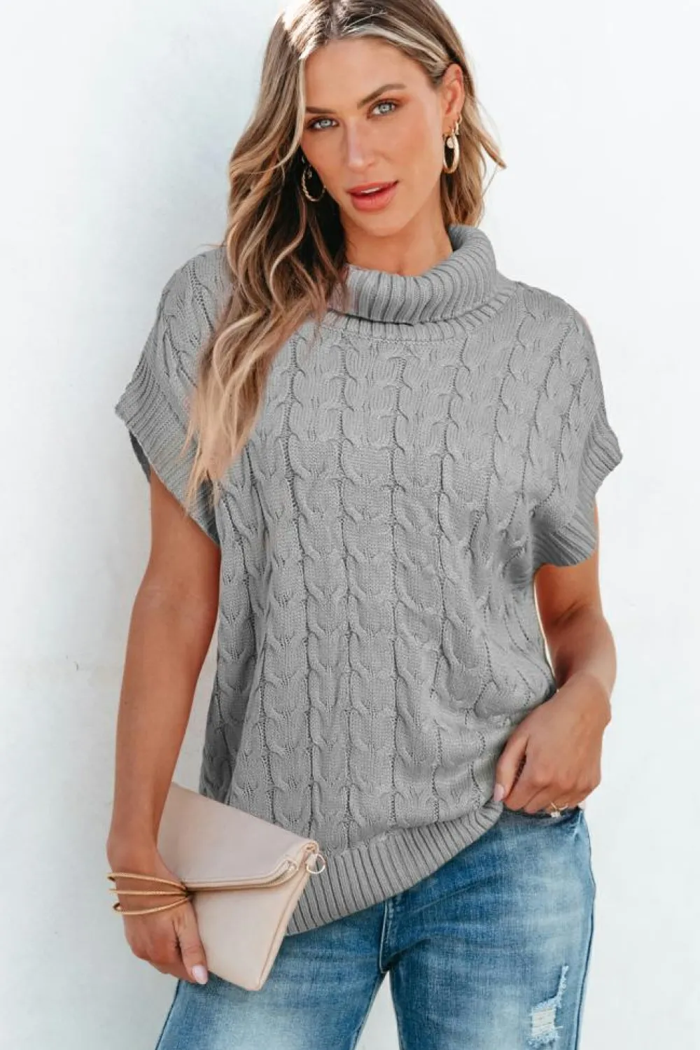 New Dear-Lover Cable Knit Turtleneck Batwing Sleeve Sweater Medium Grey