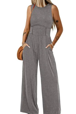 Clearance Dear-Lover Cinched Waist Sleeveless Wide Leg Jumpsuit Medium Grey