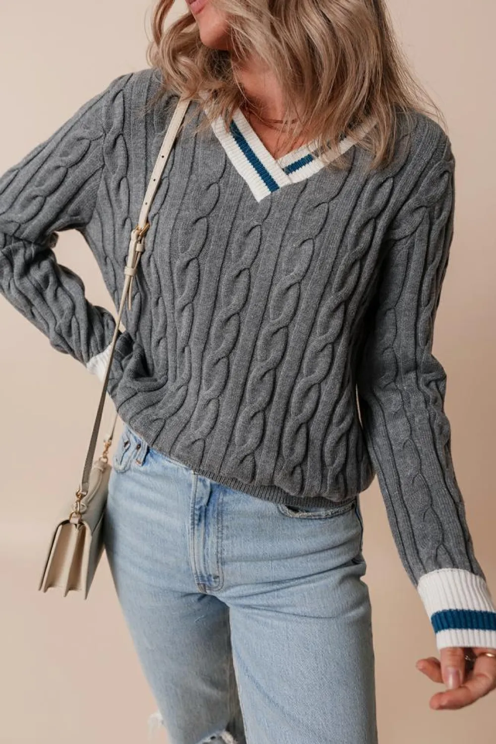 Hot Dear-Lover Color Contrast Ribbed Edge Cable Knit V Neck Sweater Medium Grey