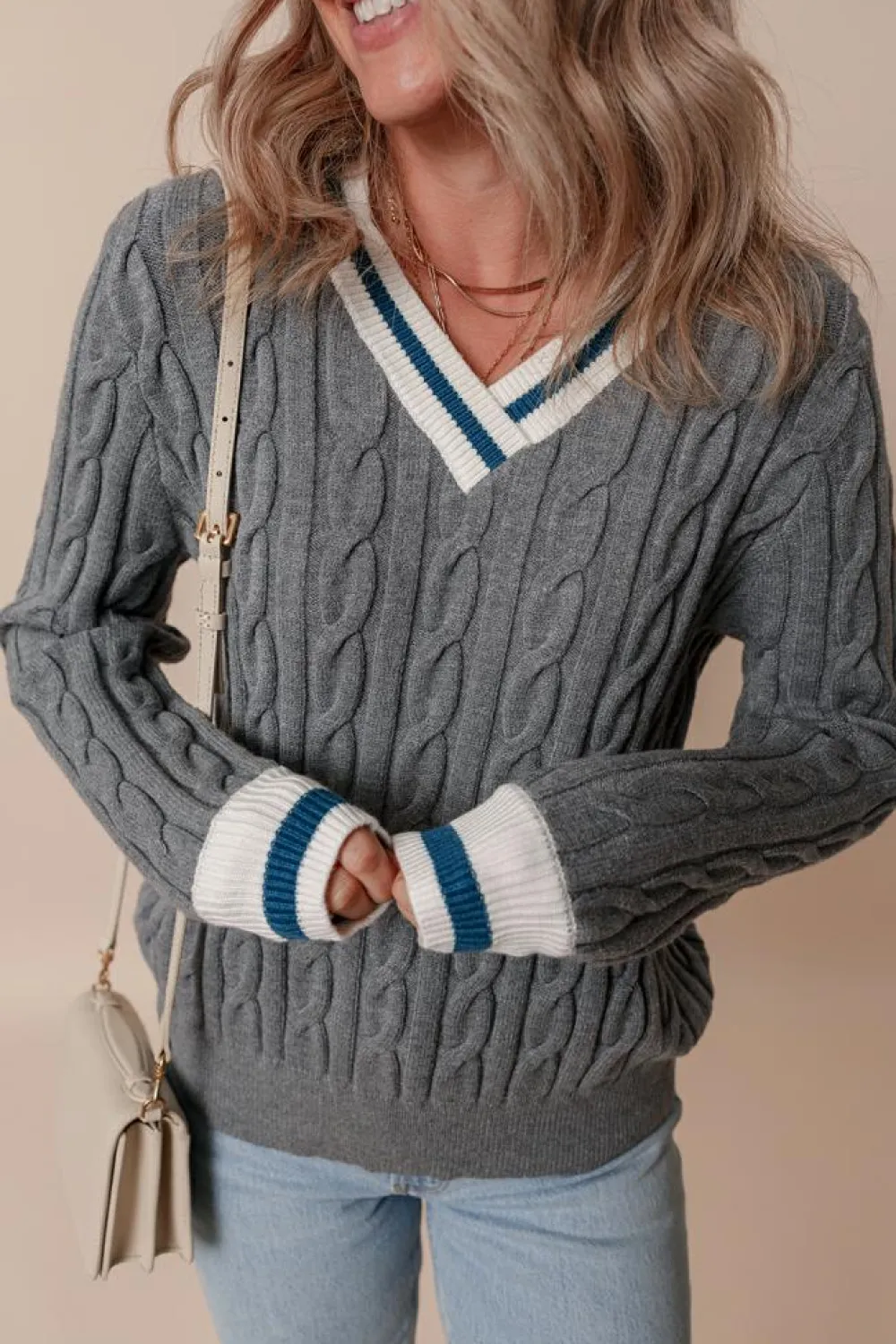 Hot Dear-Lover Color Contrast Ribbed Edge Cable Knit V Neck Sweater Medium Grey