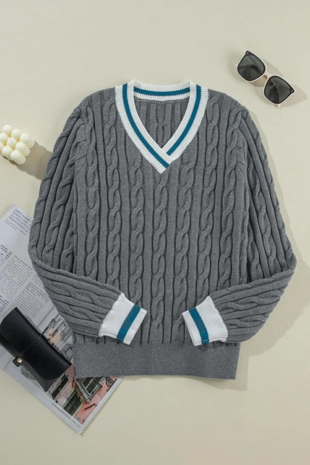 Hot Dear-Lover Color Contrast Ribbed Edge Cable Knit V Neck Sweater Medium Grey