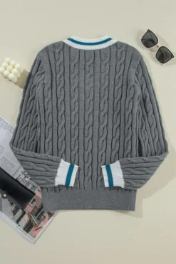 Hot Dear-Lover Color Contrast Ribbed Edge Cable Knit V Neck Sweater Medium Grey