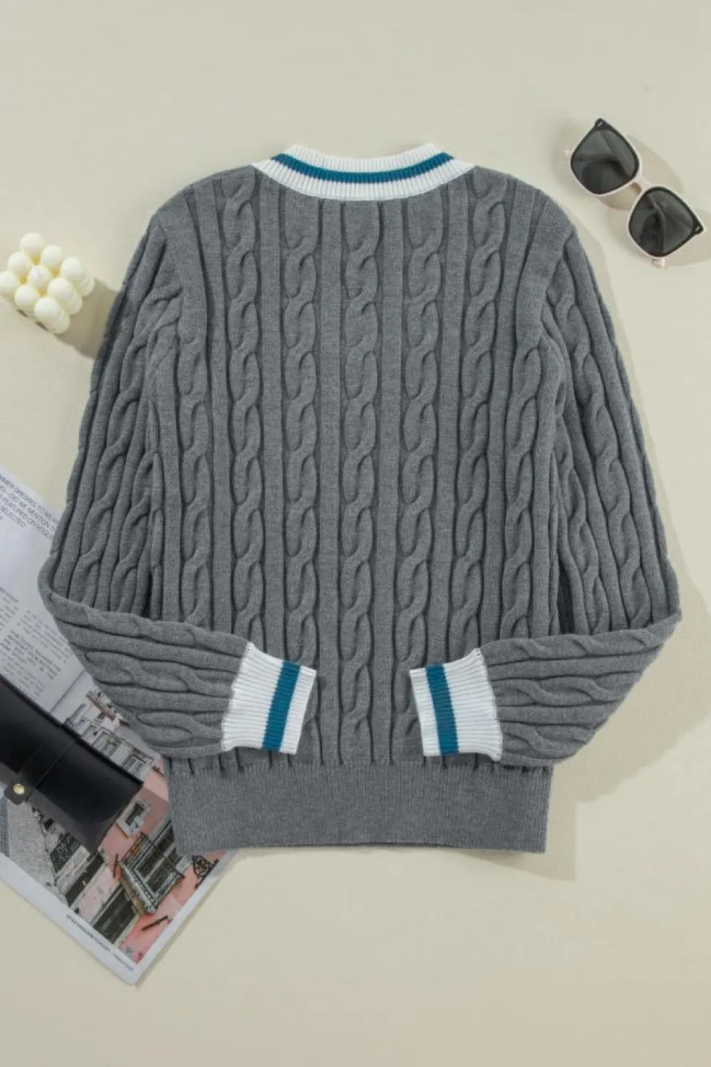 Hot Dear-Lover Color Contrast Ribbed Edge Cable Knit V Neck Sweater Medium Grey