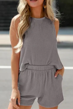 Discount Dear-Lover Corded Sleeveless Top and Pocketed Shorts Set Medium Grey