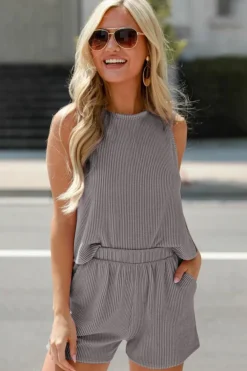 Discount Dear-Lover Corded Sleeveless Top and Pocketed Shorts Set Medium Grey
