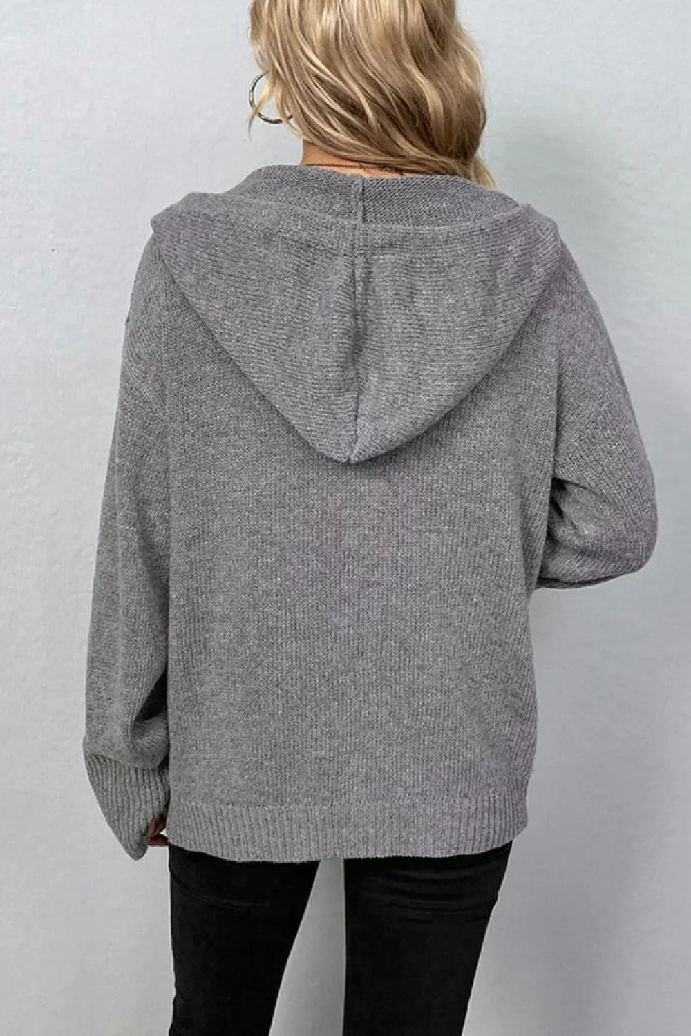 New Dear-Lover Drawstring Hooded Button Up Drop Shoulder Sweater Cardigan Medium Grey