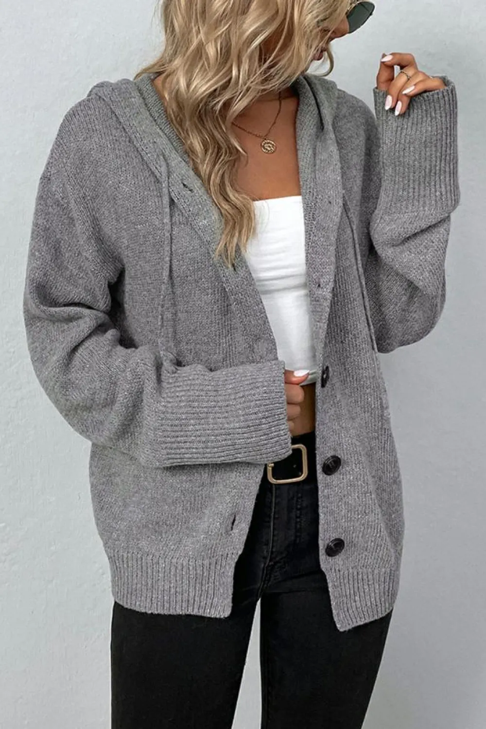 New Dear-Lover Drawstring Hooded Button Up Drop Shoulder Sweater Cardigan Medium Grey