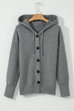 New Dear-Lover Drawstring Hooded Button Up Drop Shoulder Sweater Cardigan Medium Grey