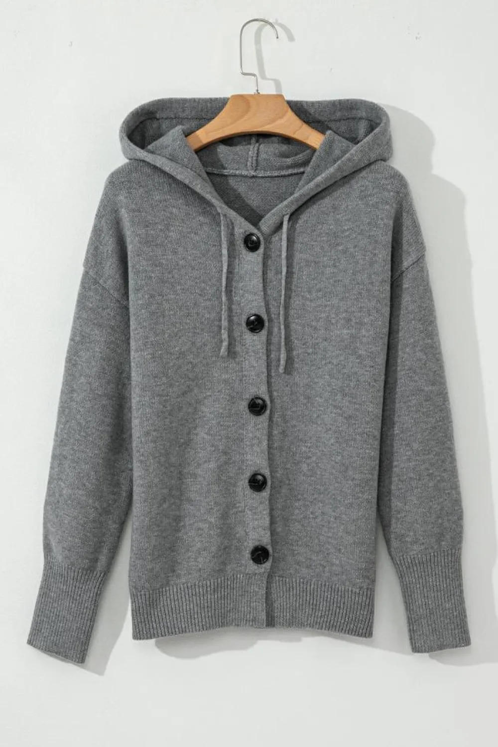 New Dear-Lover Drawstring Hooded Button Up Drop Shoulder Sweater Cardigan Medium Grey