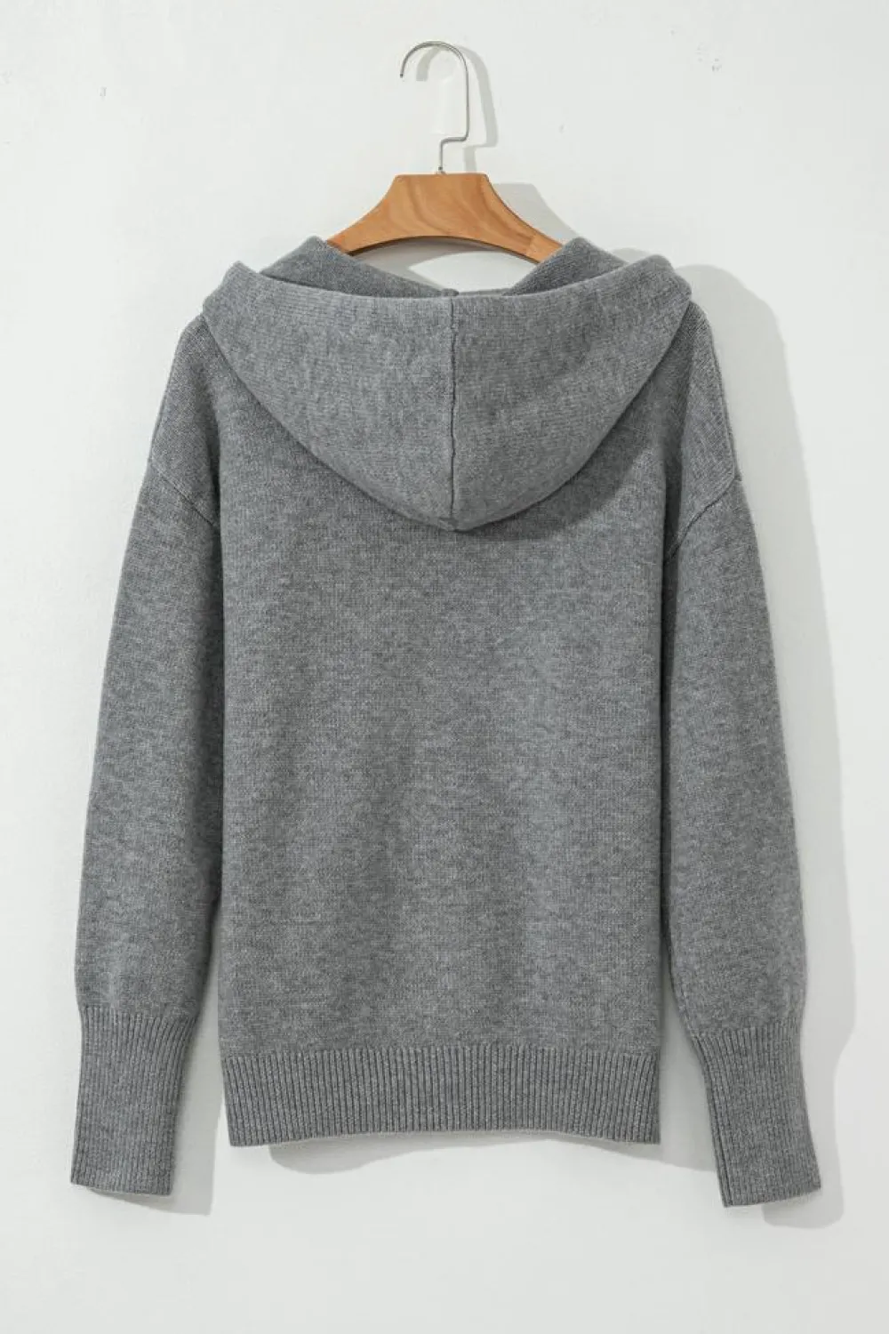 New Dear-Lover Drawstring Hooded Button Up Drop Shoulder Sweater Cardigan Medium Grey