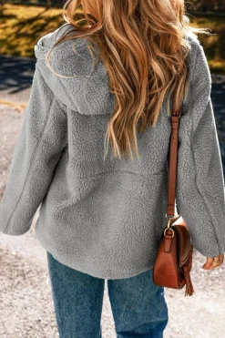 Hot Dear-Lover Fleece Zip Up Drawstring Hooded Pocketed Jacket Medium Grey